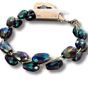 Silver Wire Braided Bracelet, Sparkly Gem-Like Acrylic Black Beads